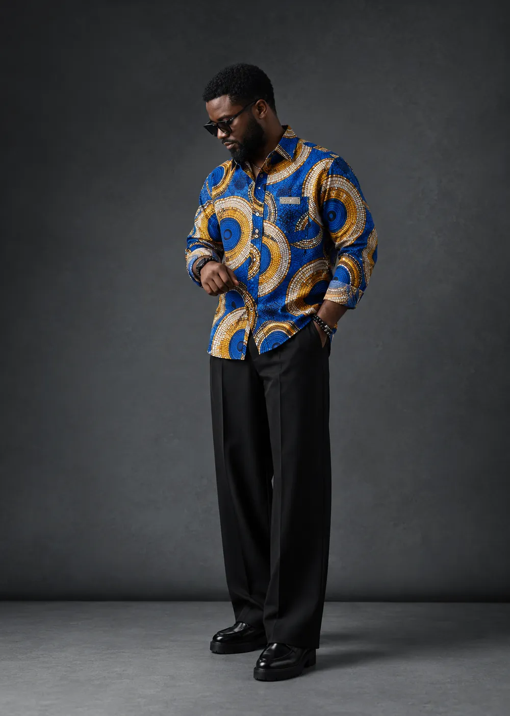 The guyti model in the Cobalt Reverie Shirt, after dark
