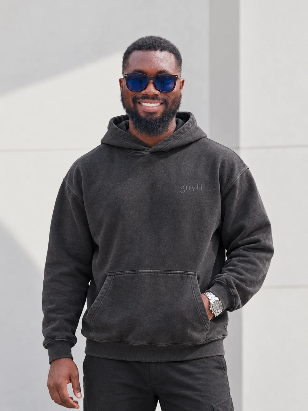 The guyti model in the Rail Heavyweight Hoodie