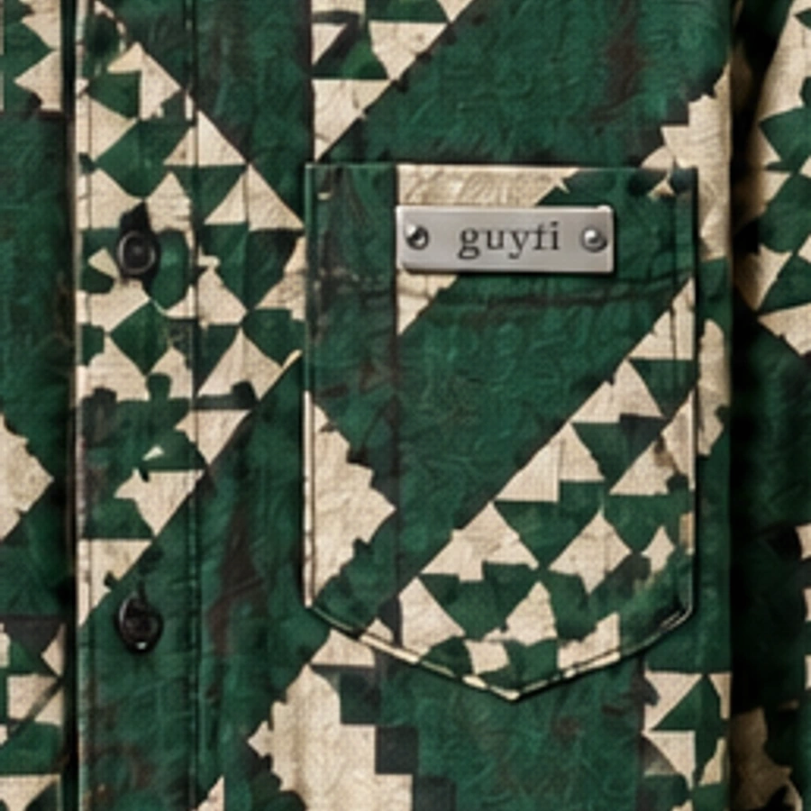 Close view of the Forest Mosaic print and engraved silver guyti pocket badge